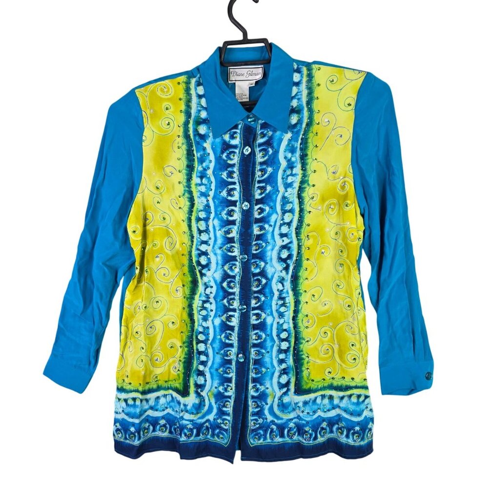 Womens Diane Gilman Blue & Yellow 100% Silk Blouse Button Up Long Sleeve Size M